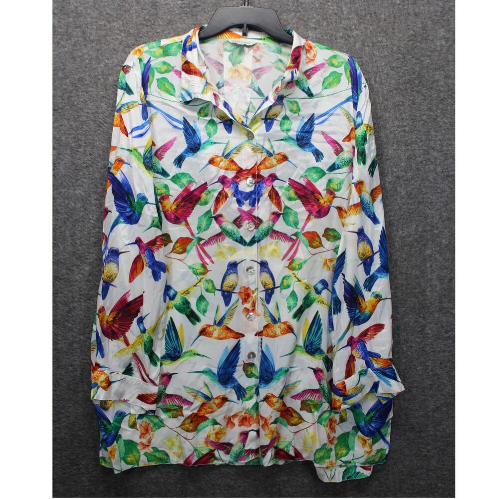 John Mark L Button Front Shirt Top Hummingbird Print Multi Wired Collar New